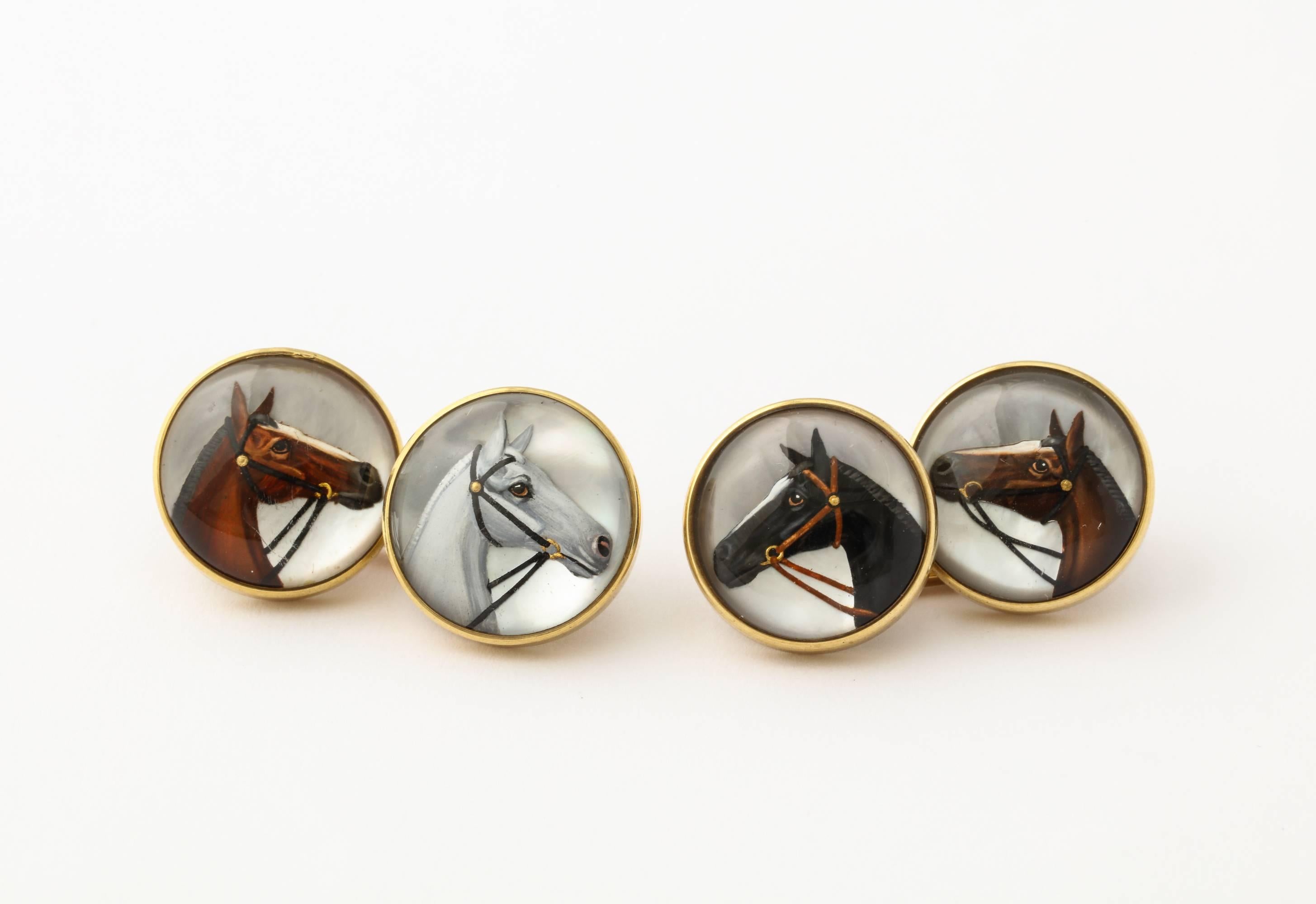 Men's Essex Crystal Horse Head Reverse Painted Gold Cufflinks For Sale