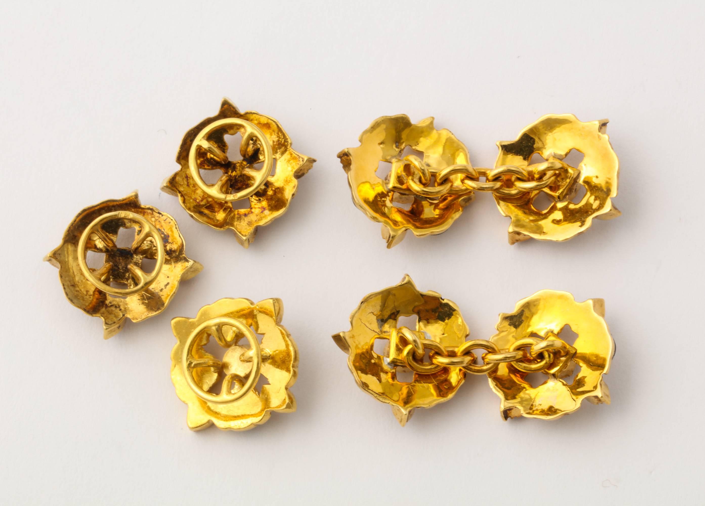 Men's Egyptian Lotus Flower Diamond Ruby Enameled Gold Cufflink and Stud Set For Sale