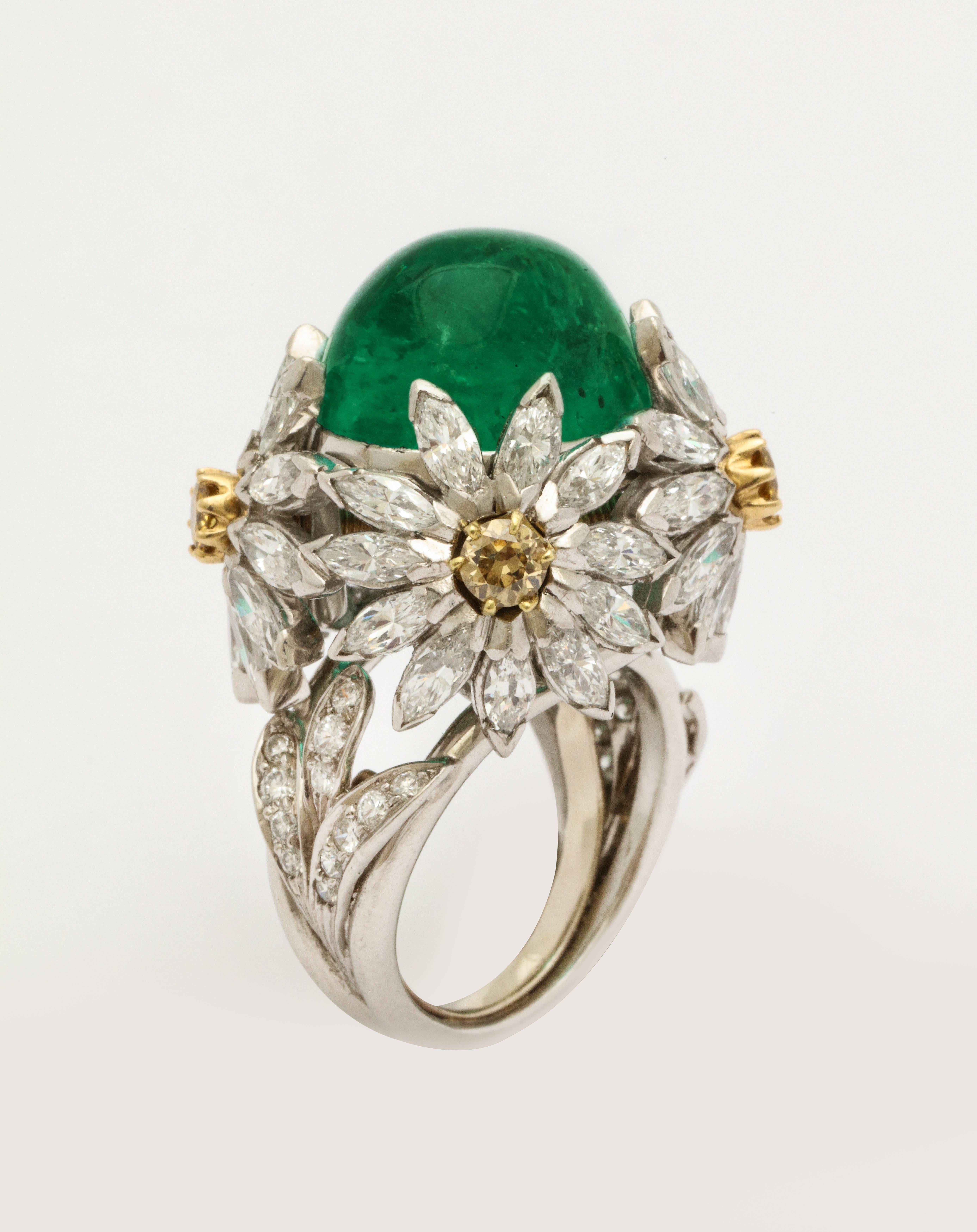 Women's Hendryk Kaston Diamond Emerald Ring Convertible Fancy Yellow Diamond Dome