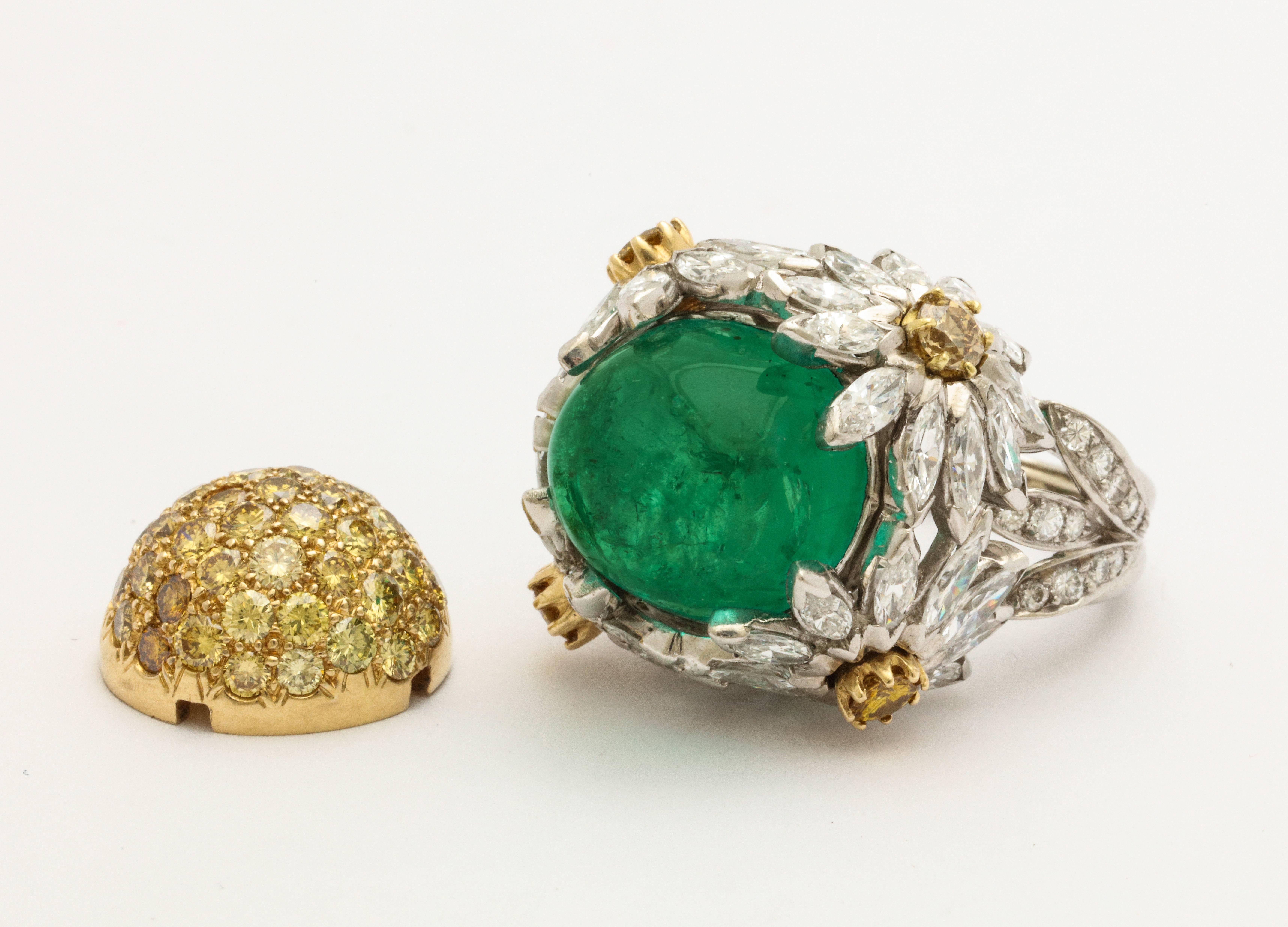 Hendryk Kaston Diamond Emerald Ring Convertible Fancy Yellow Diamond Dome In Excellent Condition In New York, NY