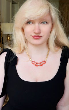 Coral and Diamonds Necklace 18 Kt Yellow Gold
