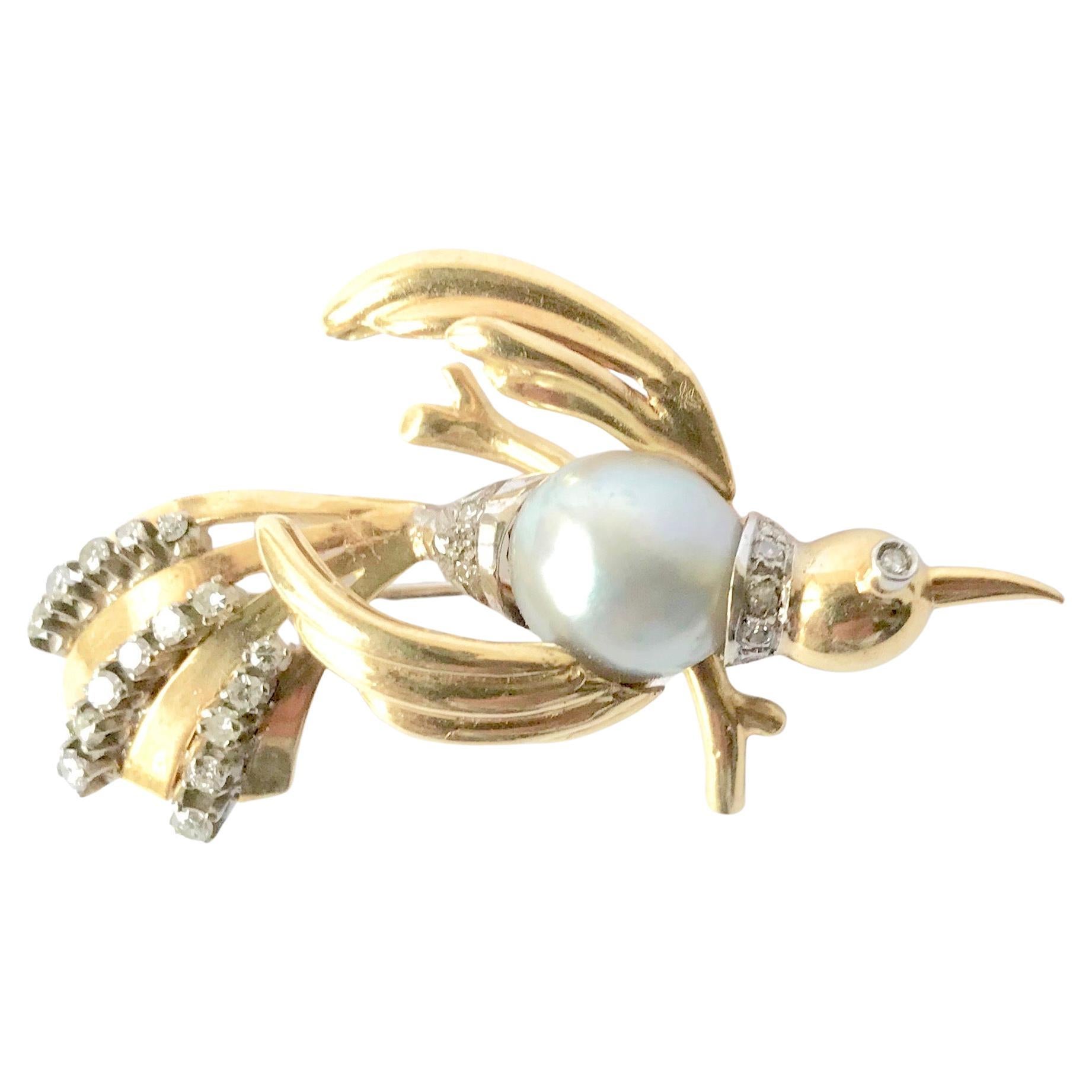 Brooch circa 1960 Yellow White Gold 18 Carat Pearl and Diamond Bird