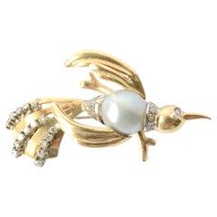 Brooch circa 1960 Yellow White Gold 18 Carat Pearl and Diamond Bird