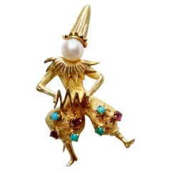 Brooch representing a Clown Gold Pearl rubies turquoise