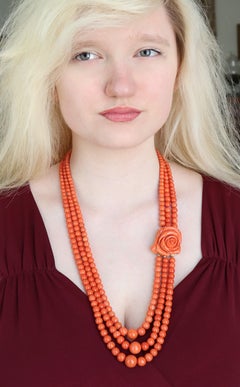 Coral Beads Long Necklace 3 Rows and Rose Coral Clasp and 18 Carat Gold