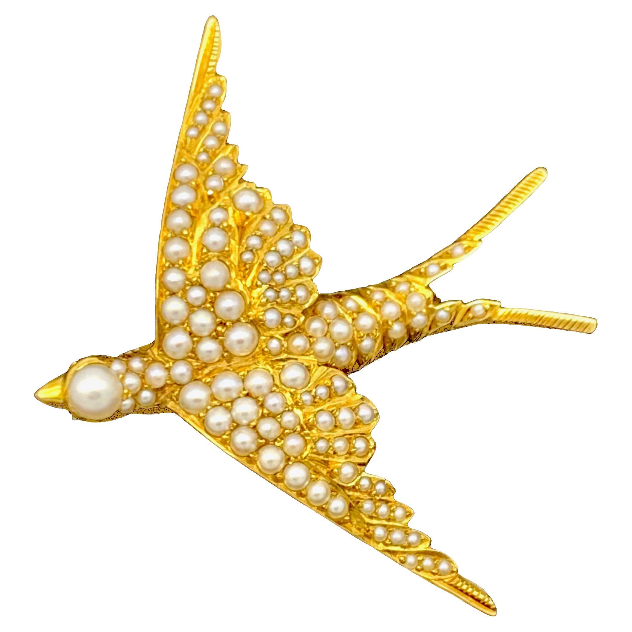 Antique Victorian Swallow in Flight Bird Oriental Pearls 14 Karat Gold Brooch