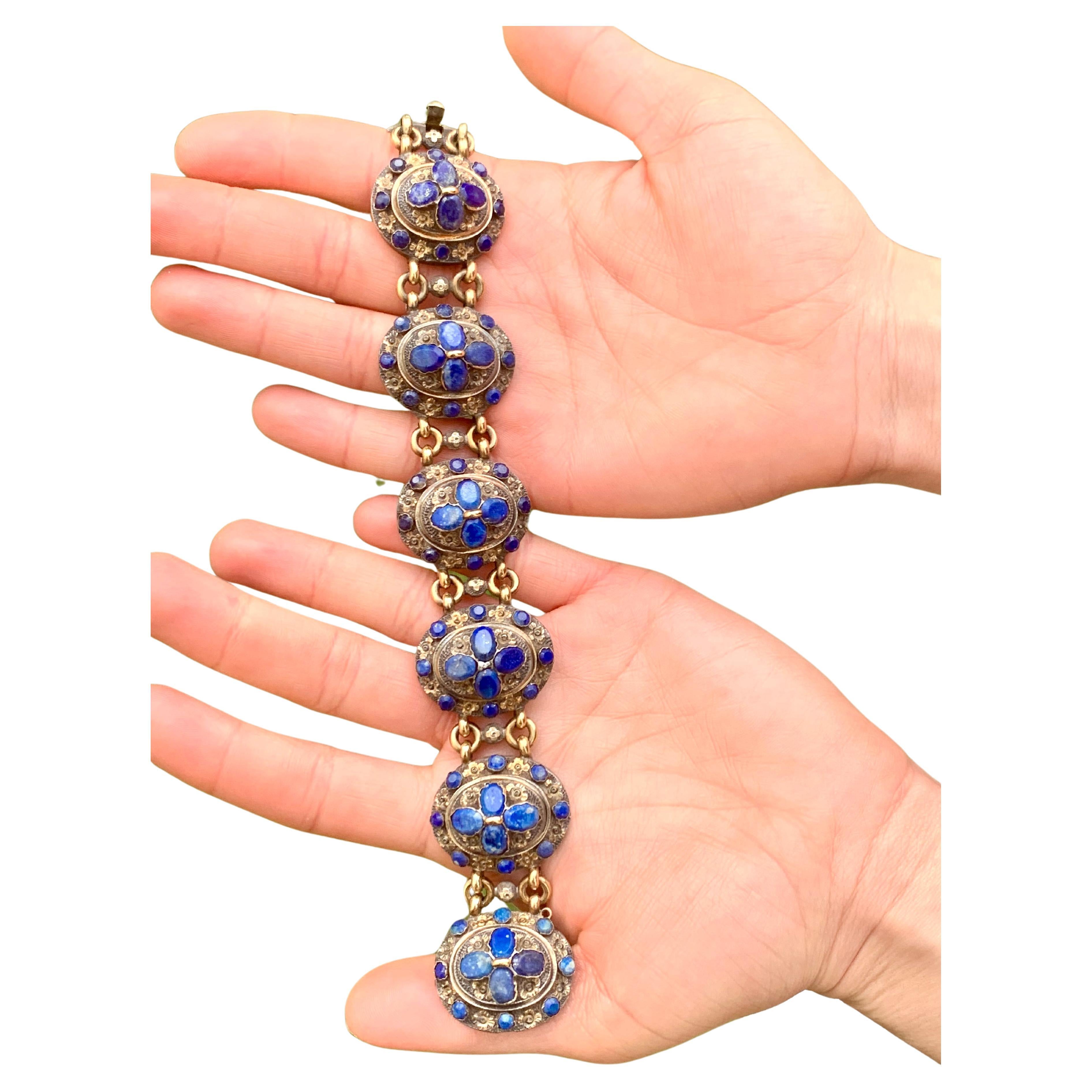 Antique 1840's  Neo Gothic Bracelet Silver Gilt Lapis Lazuli Flower Ornaments For Sale