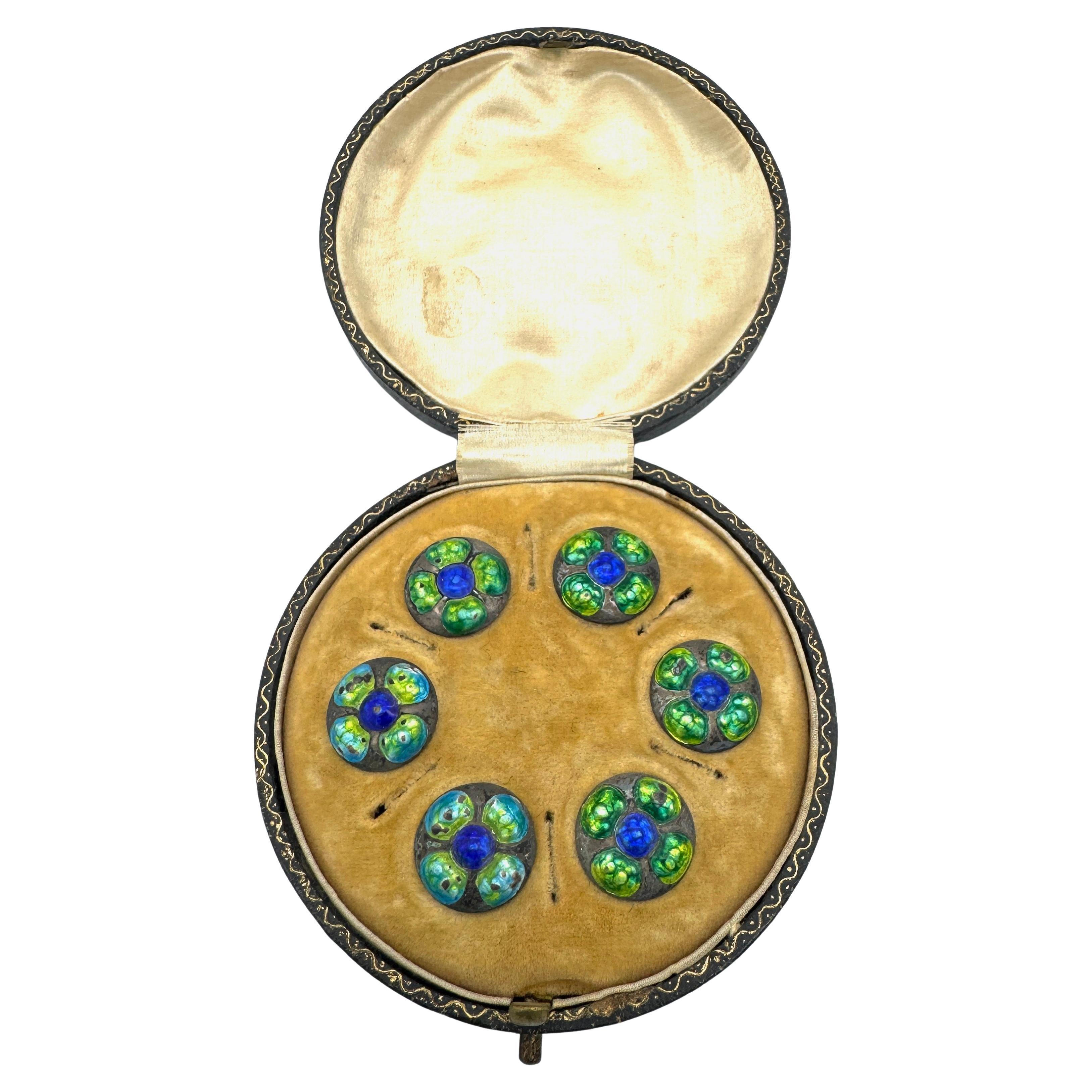 Antique Arts & Crafts Set of Six Silver Green and blue Enamel Buttons For Sale