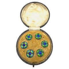 Antique Arts & Crafts Set of Six Silver Green and blue Enamel Buttons