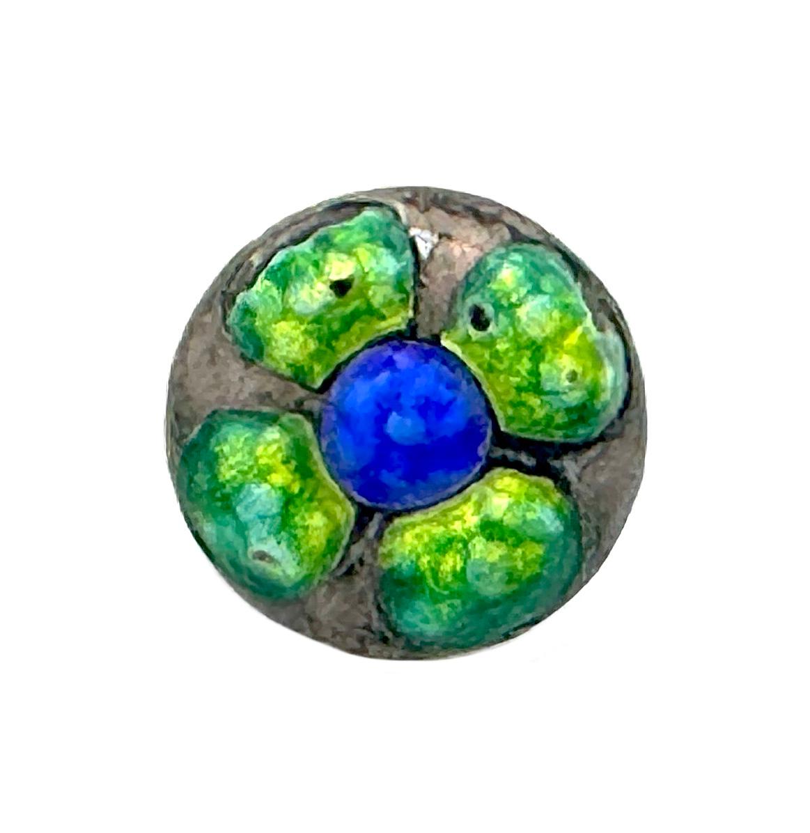 Women's or Men's Antique Arts & Crafts Set of Six Silver Green and blue Enamel Buttons For Sale