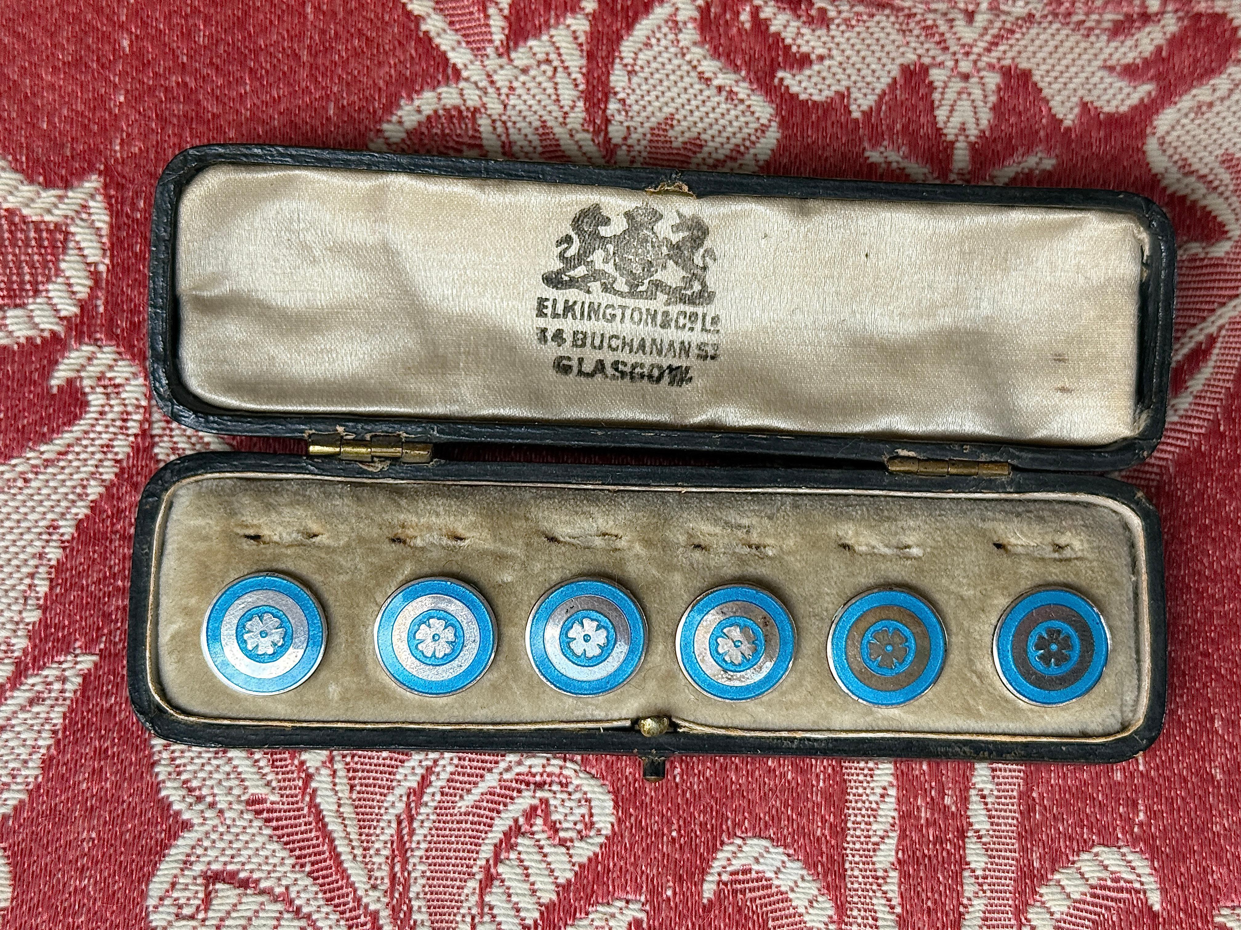 Antique Sterling Silver Buttons Set of Six Tudor Rose on Turquoise Enamel Ground For Sale 1