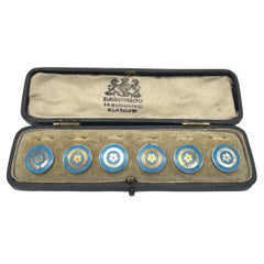 Antique Sterling Silver Buttons Set of Six Tudor Rose on Turquoise Enamel Ground