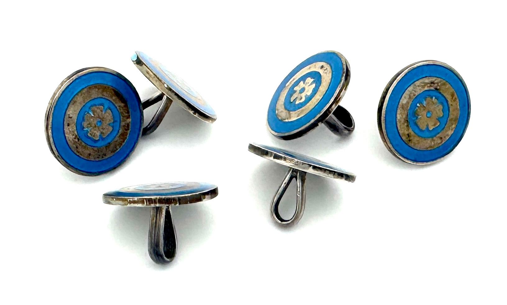 Edwardian Antique Sterling Silver Buttons Set of Six Tudor Rose on Turquoise Enamel Ground For Sale
