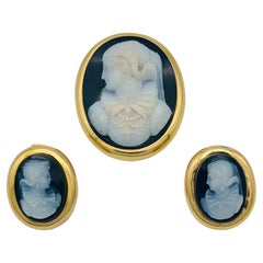 Antique Maria Stuart Sardonyx Cameo Demi Parure Brooch Earrings