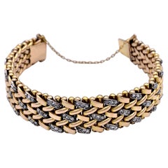 Bracelet à maillons souples vintage en or jaune et argent avec diamants, milieu du siècle dernier