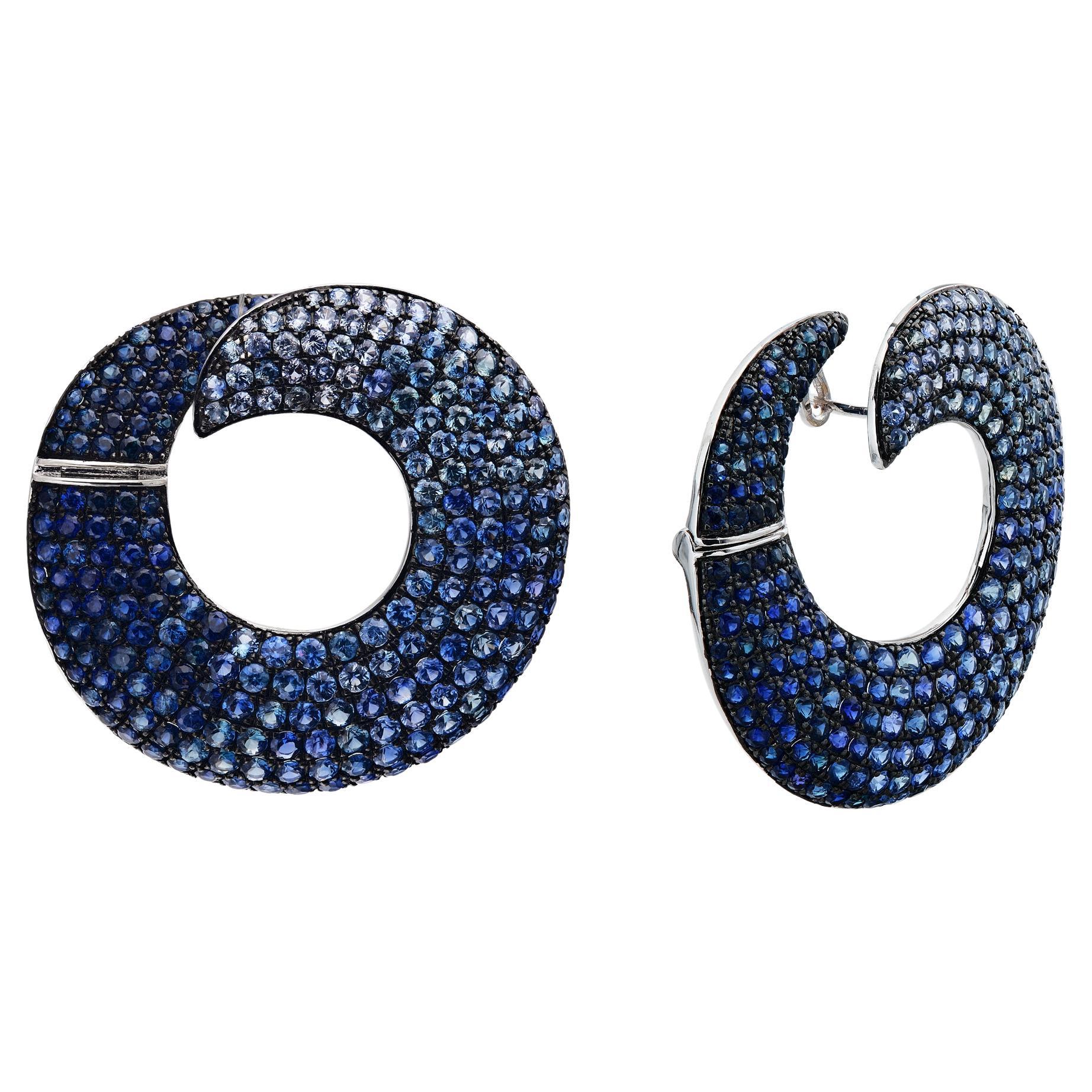 RUCHI Ombré Blue Sapphire Pavé White Gold C-Shape Earrings For Sale