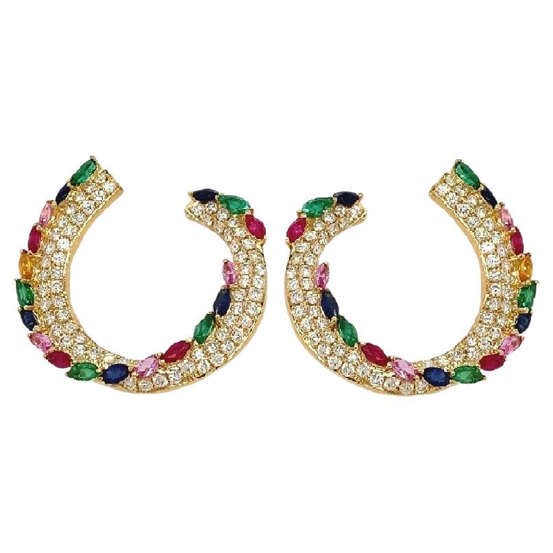 RUCHI Diamond, Emerald and Multi-Colored Sapphire Yellow Gold C-Shape Earrings For Sale