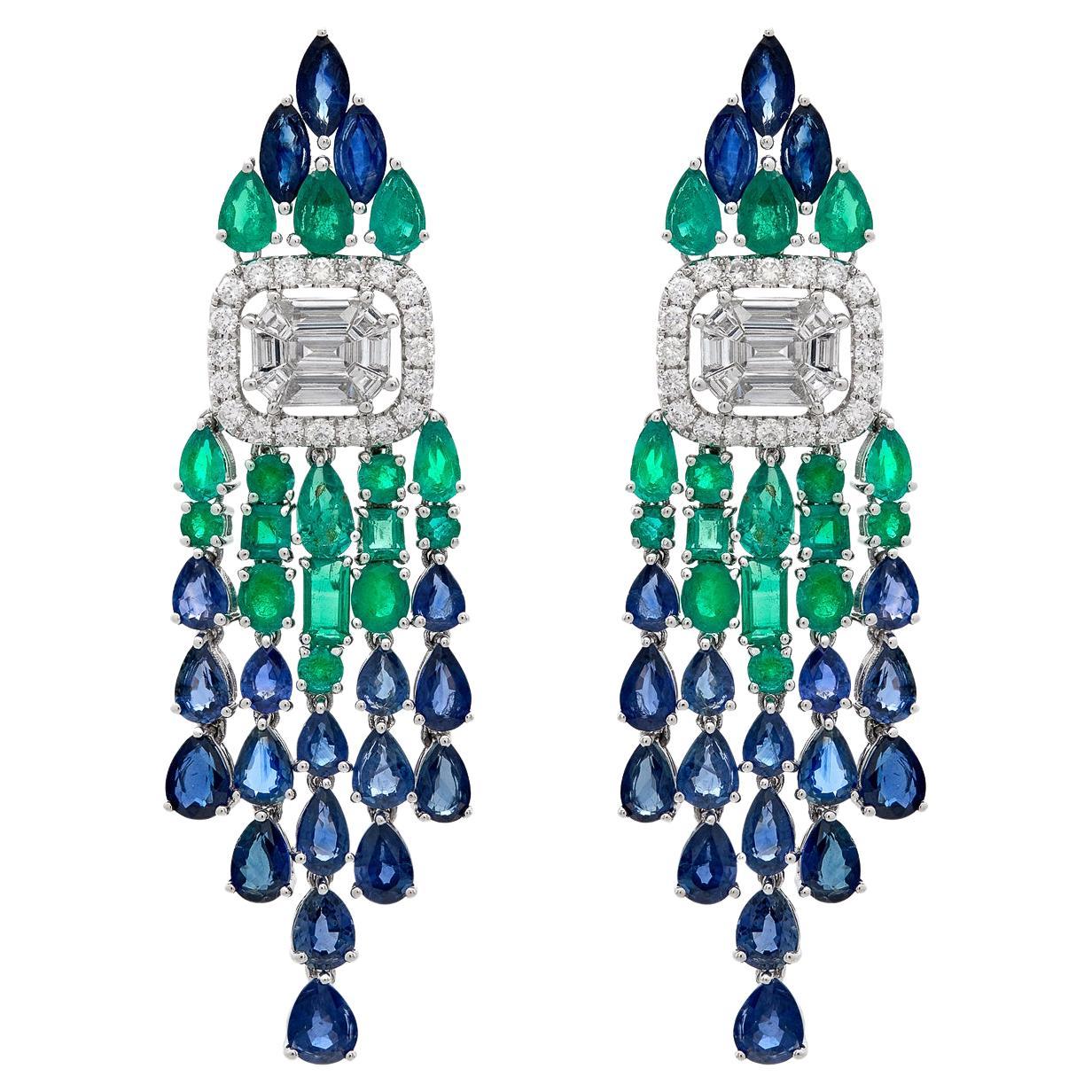 RUCHI Blue Sapphire, Emerald and Diamond White Gold Dangle Earrings For Sale