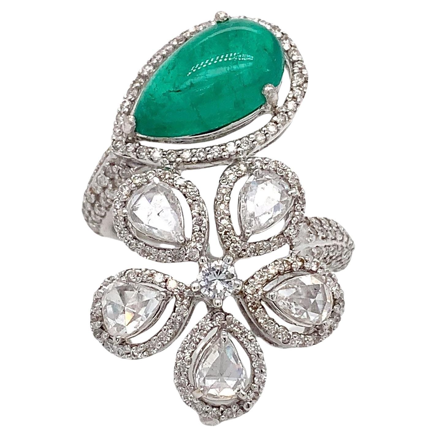 RUCHI Cabochon Emerald & Rosecut Diamond White Gold Flower Wrap-Around Ring For Sale