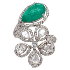 RUCHI Cabochon Emerald & Rosecut Diamond White Gold Flower Wrap-Around Ring