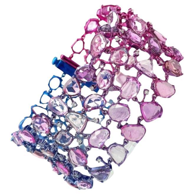 RUCHI Pink Sapphire and Diamond Multi-Colored Rhodium Wide Bracelet For Sale