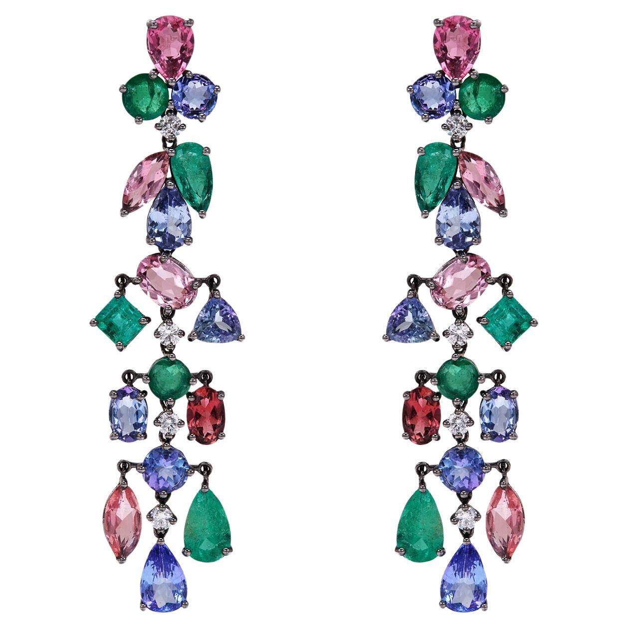 RUCHI Emerald, Pink Tourmaline and Tanzanite with Diamonds Dangle Earrings For Sale