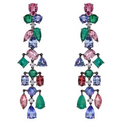 RUCHI Emerald, Pink Tourmaline and Tanzanite with Diamonds Dangle Earrings