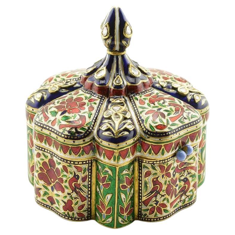 Exquisite and Large Indian 22K Gold, Enamel, and Diamond Snuff Box, Jaipur For Sale