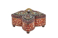 Rare Indian Mughal-Style Gold-Inlaid Silver, Enamel & Jeweled Box