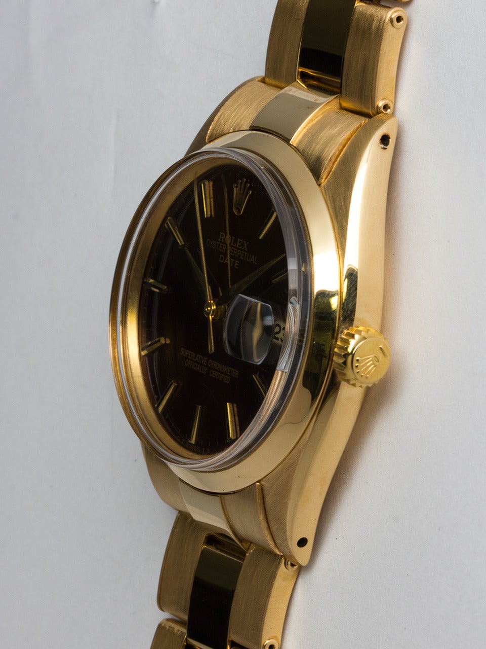 Rolex Yellow Gold Oyster Perpetual Date Custom Dial Wristwatch Ref 1500 In Good Condition In West Hollywood, CA