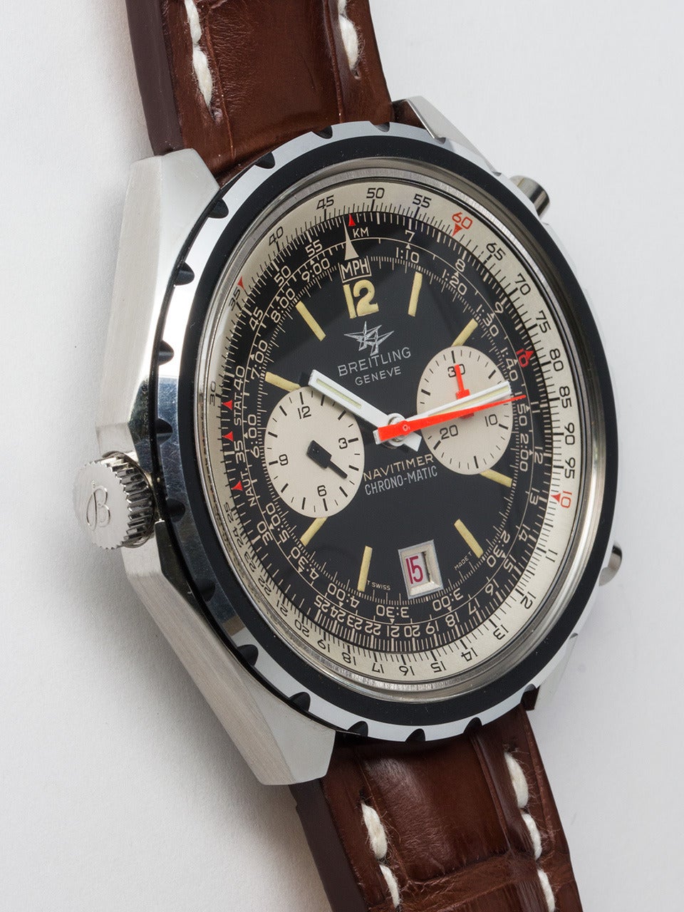 Breitling Stainless Steel Navitimer Chrono-matic ref 1806 seria l#11525/67 circa . Oversized 48mm diameter aviator's self winding chronograph. Beautiful condition example recently serviced at Breitling service center. Includes documentation of work