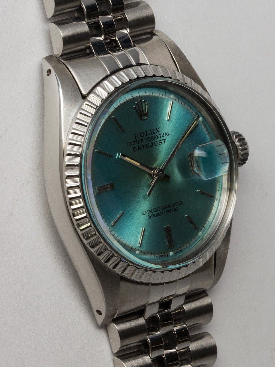 Rolex Stainless Steel Datejust Wristwatch Ref 1603 serial# 5.3 million circa 1978. 36mm diameter case with fluted bezel and acrylic crystal. Cool custom colored 