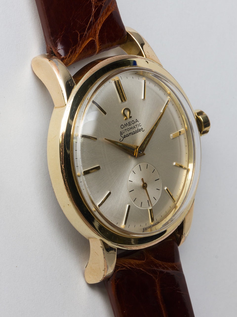 Omega Yellow Gold Filled Seamaster Wristwatch, ref 2493-4 movement serial # 12.2 million circa 1950. Oversized case measuring 35 X 42mm case with screw down stainless steel back, wide bezel and acrylic crystal. Beautiful condition original silvered