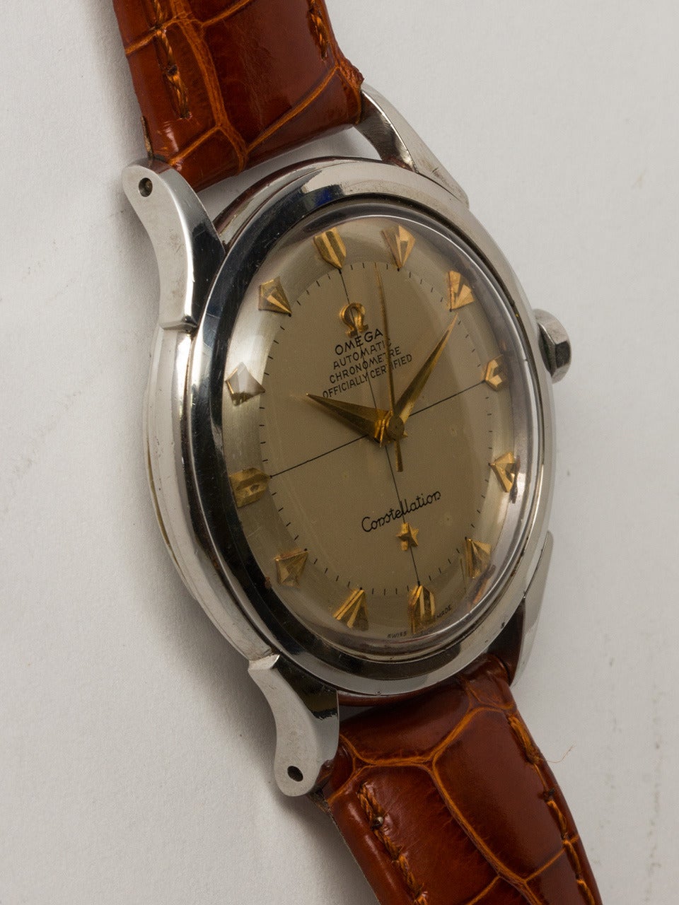 Omega Stainless Steel Constellation Wristwatch circa 1960s. Case measuring 35 x 42mm with screw back case with Observatory logo and original Constellation crown. Very clean and desirable example with beautiful condition original pie pan dial with