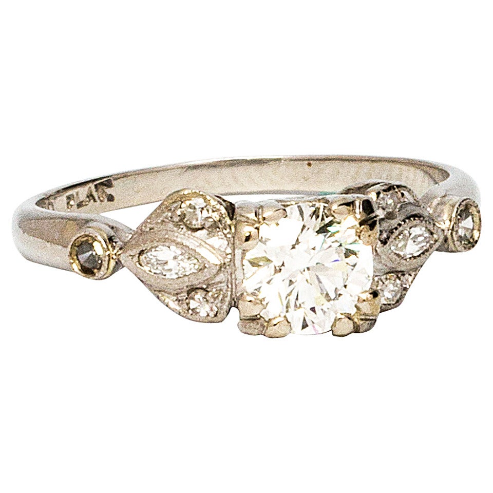 Diamond Engagement Ring 0.51 Carat Transitional Cut Round Brilliant, 1940s For Sale