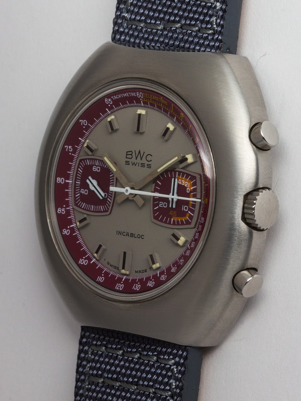 BWC Swiss Stainless Steel Chronograph Wristwatch circa 1970s In New Condition In West Hollywood, CA