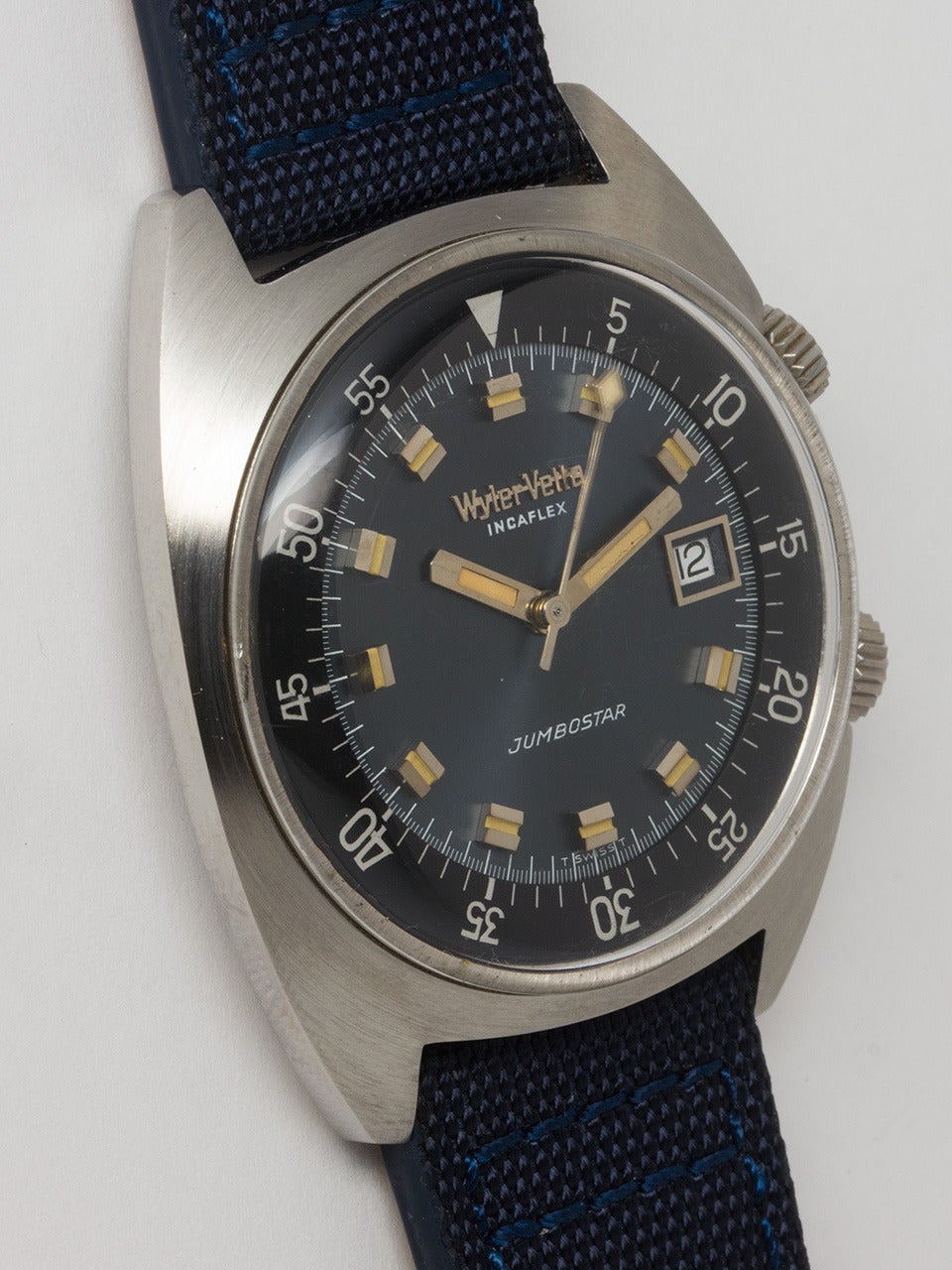 Wyler Vetta Stainless Steel Jumbostar Wristwatch circa 1970s. Massive oversize 42 X 50mm cushion style case super compressor. Featuring 2 signed recessed crowns, mint condition gray and black dial with applied distinctive silver indexes and large