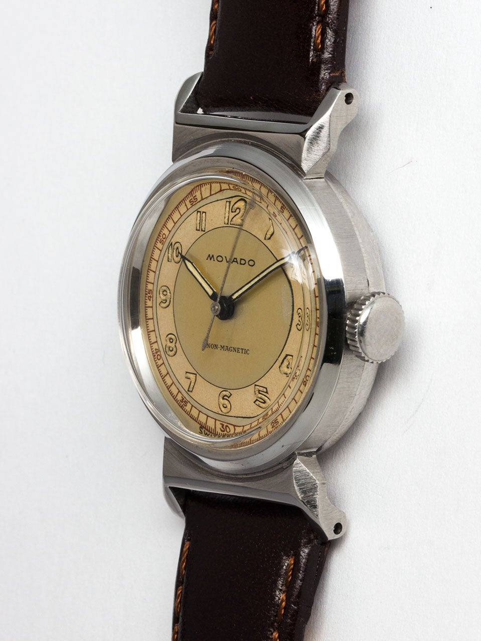 Movado Stainless Steel Wristwatch circa 1940s In Excellent Condition In West Hollywood, CA
