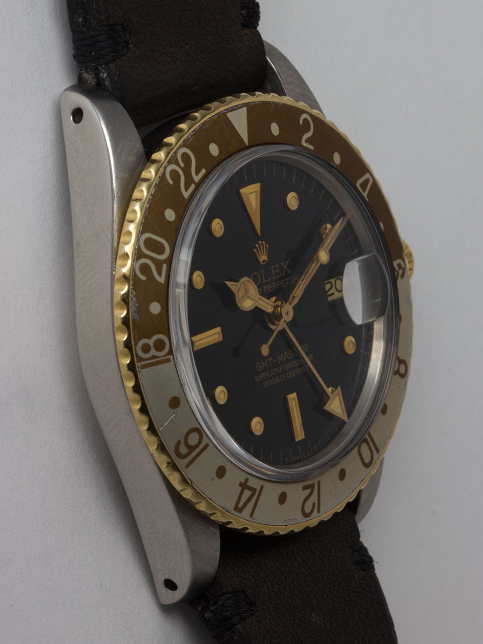 Rolex Stainless Steel and 14K Yellow Gold GMT-Master ref 1675 serial # 5.4 million circa 1978. 40mm case with 24 hour two tone bezel and gold crown. Very pleasing original glossy 