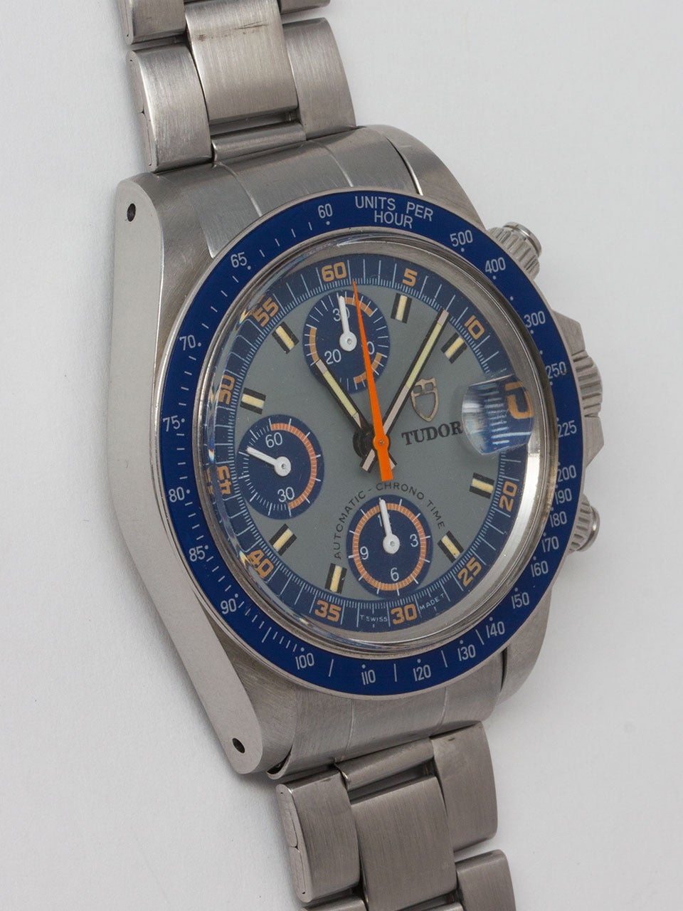 Tudor Stainless Steel Monte Carlo ref 9420/0 serial # 9.4 million circa 1980's. Scarce and exceptional condition example with blue fixed tachometer bezel. Original blue gray dial with blue registers and outer band with orange detail and orange sweep