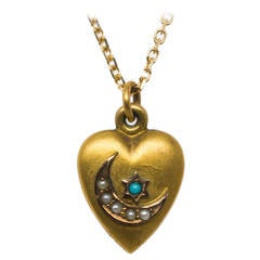 Antique Victorian Crescent Moon and Star Gold Heart Locket