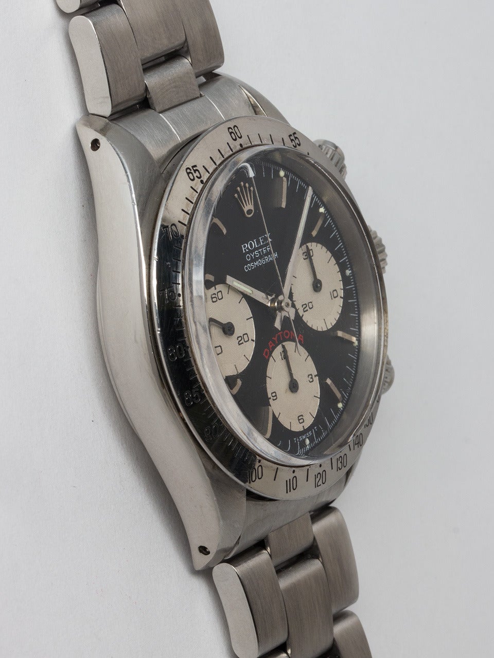 Rolex Stainless Steel Daytona Wristwatch ref 6265 serial# 6.1 million circa 1979.  Very clean (appears to be unpolished) original 200 mph tachometer bezel and acrylic crystal. Pleasing original matte black 