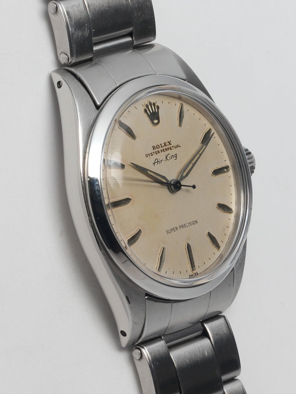 Rolex Stainless Steel Air-King Wristwatch with scarce ref model 5504 serial #451,xxx circa 1958. Scarce early model in larger 36mm, not 34mm case, smooth bezel and acrylic crystal. With original matte silvered dial with applied silver indexes and