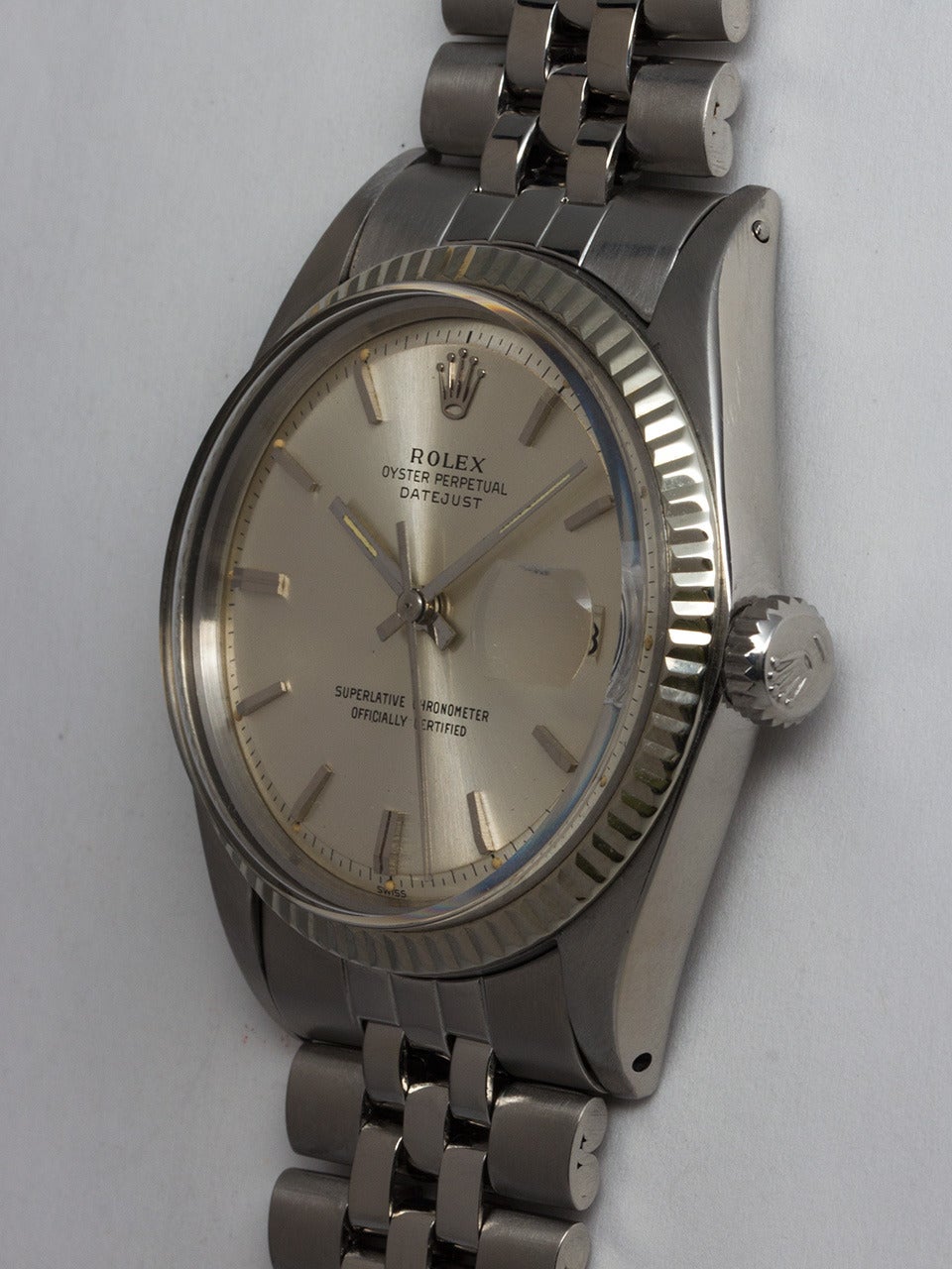 Rolex Stainless Steel Datejust Wristwatch ref 1601 serial# 896,xxx circa 1962/63. 36mm Oyster case with 14K white gold fluted bezel and acrylic crystal. Original exceptionally lively silvered pie pan dial with applied silver indexes and hands.