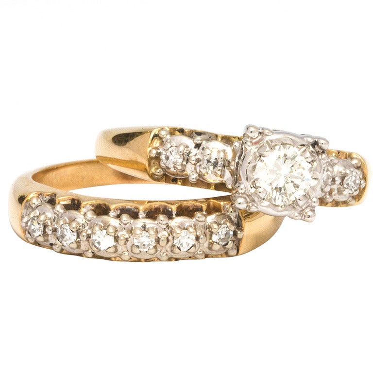 1950s Yellow Gold and Diamond Wedding Ring Set For Sale