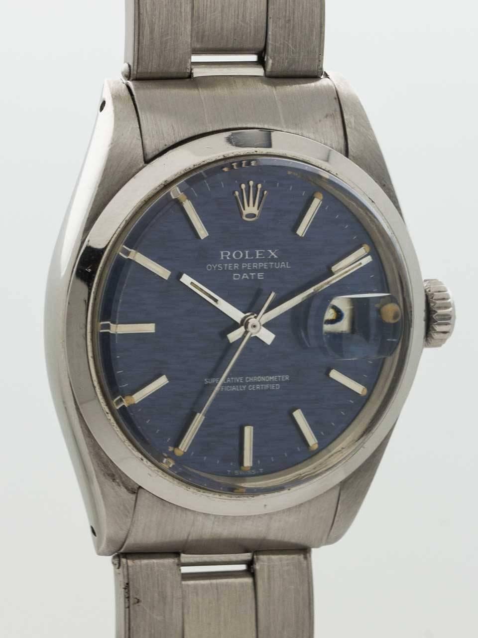 Rolex Stainless Steel Oyster Perpetual Date ref 1500 serial # 2.5 million circa 1970. 34mm diameter Oyster case with smooth bezel and acrylic crystal. Original blue linen textured dial with applied indexes, crown logo and hands. Powered by self