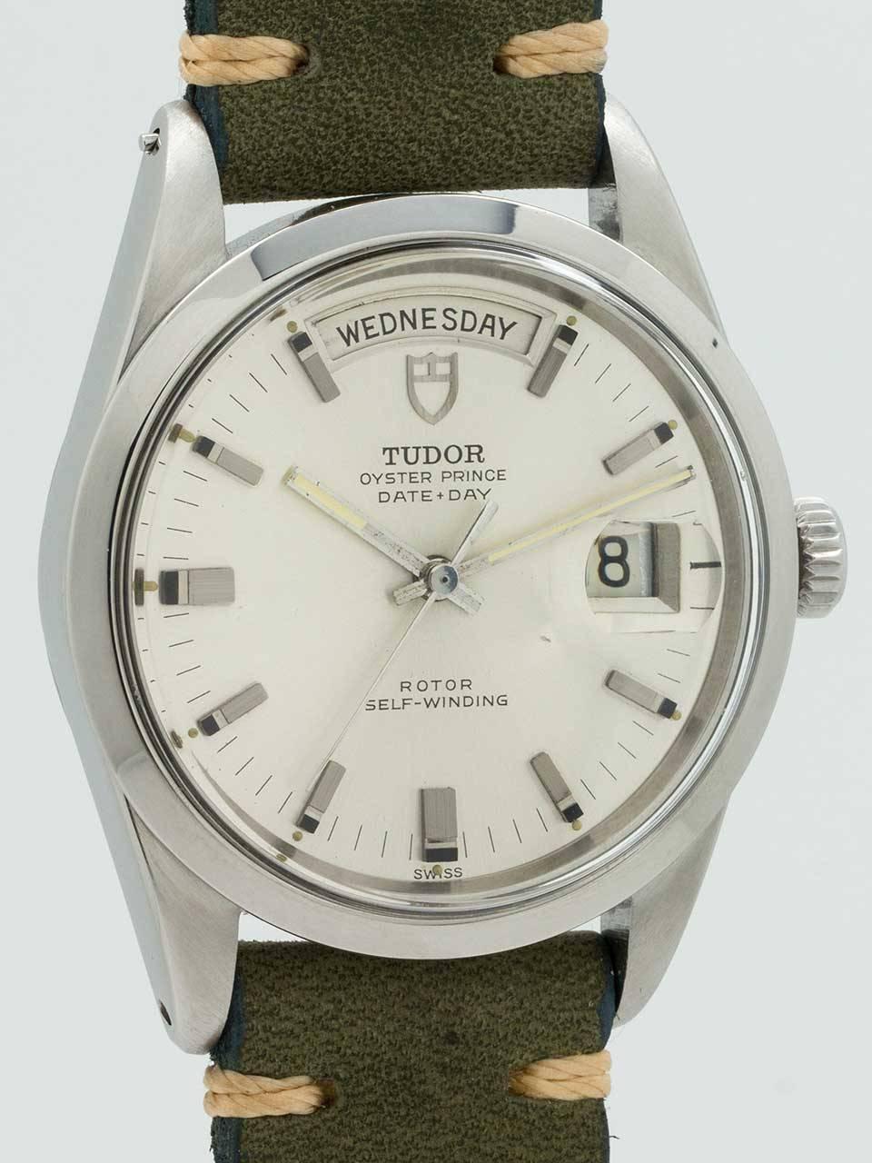 Tudor Oyster Prince Day Date ref 701710 serial 687,xxx circa 1961. Featuring large 37mm diameter stainless steel Oyster case with smooth bezel, acrylic crystal and signed Rolex Oyster crown. Lovely original silver satin dial with applied indexes,