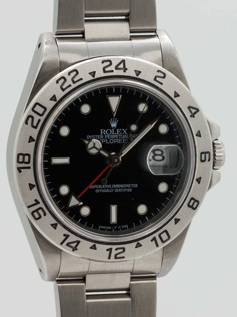 Rolex Stainless Steel Explorer II ref 16570 serial number T8 circa 1996, complete with inner and outer box, papers, and booklets. Popular black dial model with 40mm diameter case , fixed 24  hour bezel and sapphire crystal. Note that this