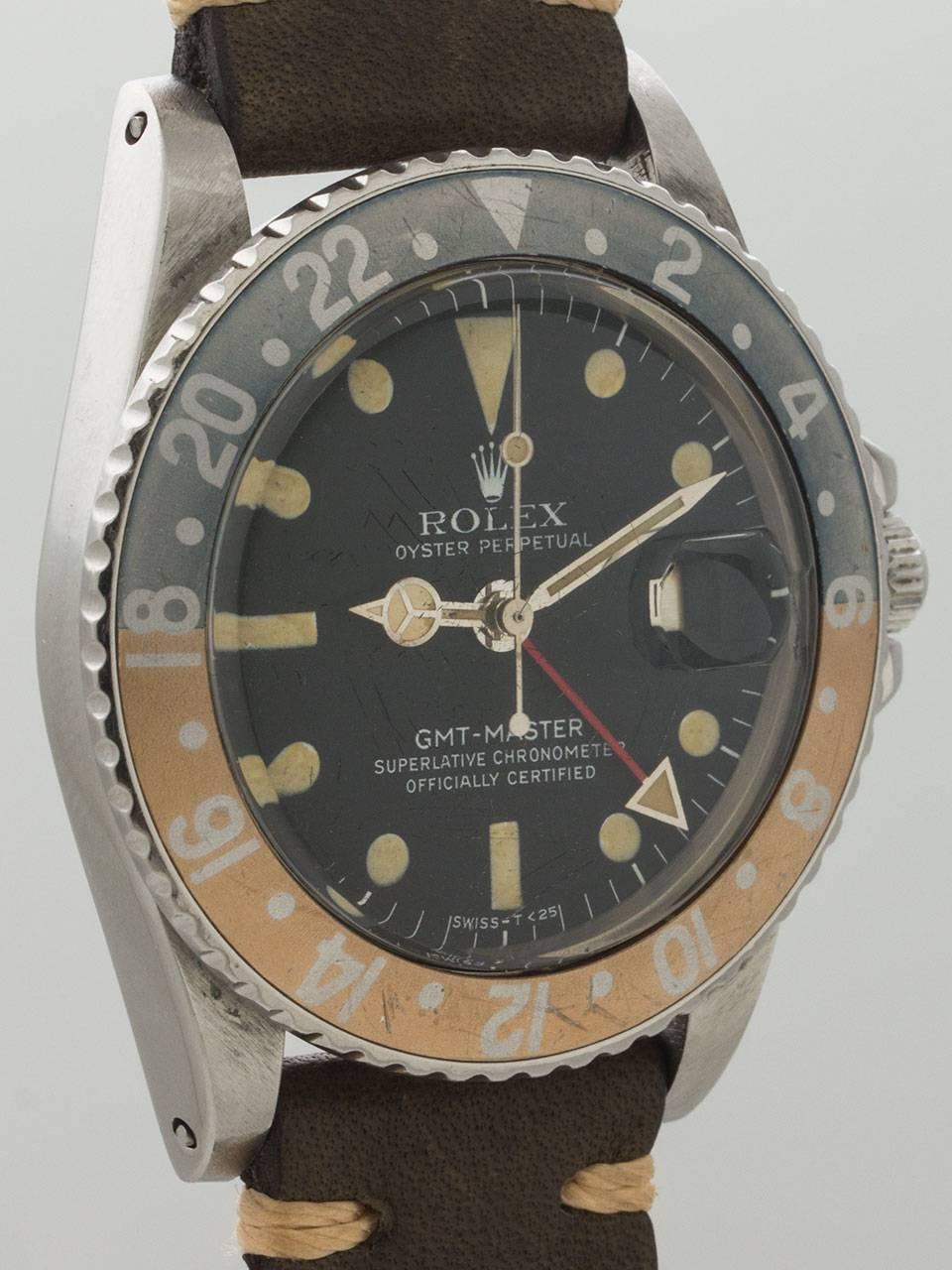 Gorgeous Rolex GMT-Master ref 1675 serial # 1.5 million circa 1969. Original evenly faded red and blue pepsi 24 hour bezel. 40mm diameter case with thick lugs, not overly polished in it’s lifetime. Extremely pleasing original matte black dial with