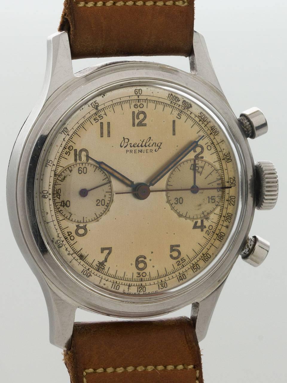 Breitling Stainless Steel Chronograph ref 790 circa 1940’s with original box & tag. Vintage 2 register manual wind model, 35mm diameter case with round pushers and screw down case back stamped 790 for reference no. and 583627 serial no.